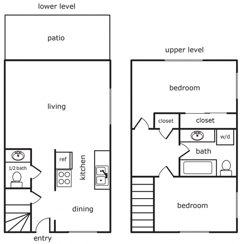 Floor plan for 2 beds, 1.5 baths, 930 sqft